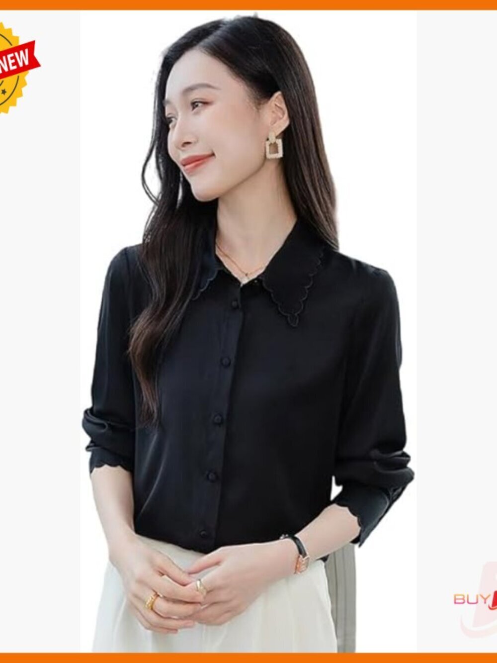 Silk Blend Button Down Blouse with Wavy Trim Turn Down Collar